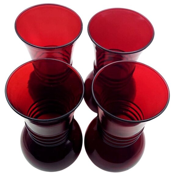 Vintage Anchor Hocking Royal Ruby Red Glass Ribbed Ball Vases Set Of 4 MCM - Picture 3 of 6